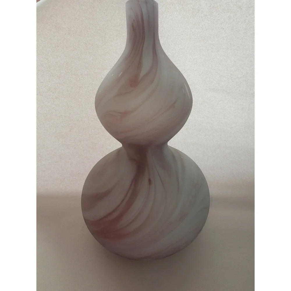 Hand Blown Glass Double Gourd Vase Frosted White Mauve Marbled Swirl 12.5 Inch